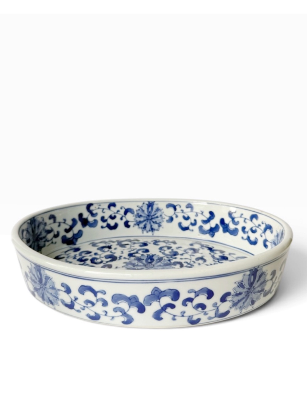 Vintage Blue White Floral Chinoiserie Porcelain Large Decorative Vanity Tray 12”